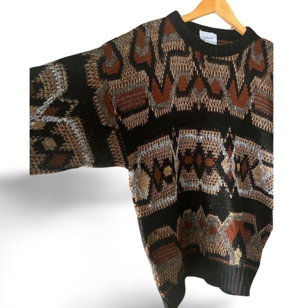 Bellissimo vintage wool blend Geometric  Sweater - Black and Brown Unisex - Picture 2 of 6